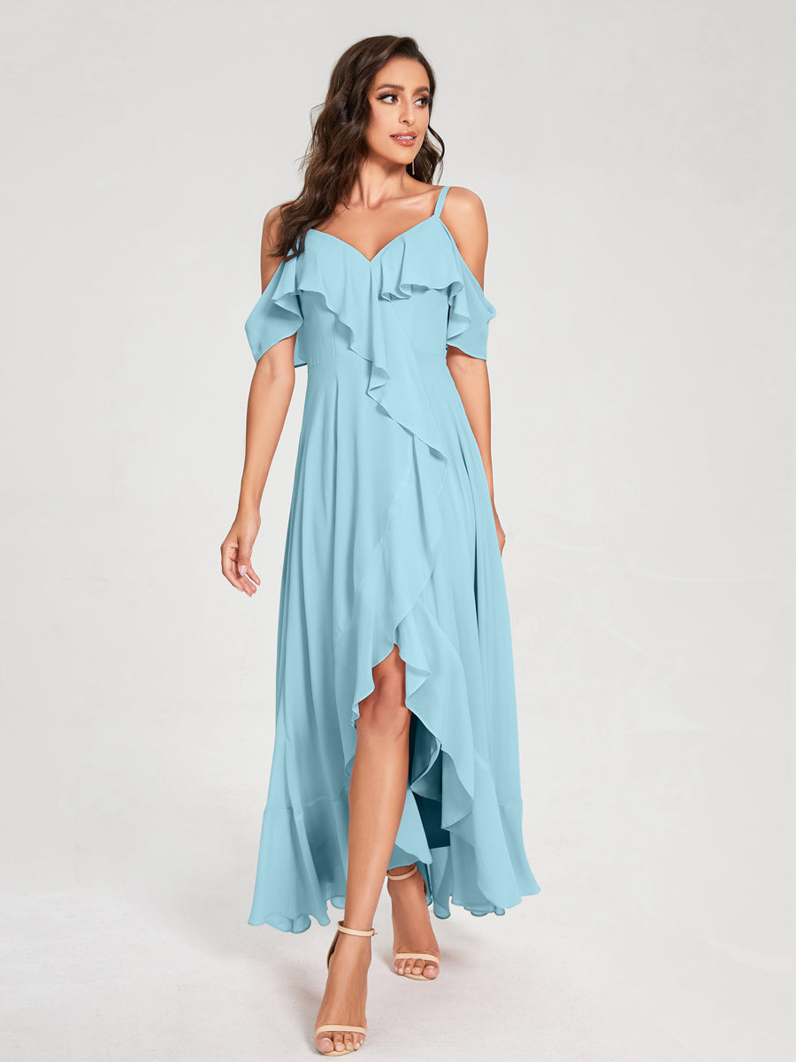 A-Line/Princess Chiffon Spaghetti Straps V-Neck Short Sleeves With Ruffles Asymmetrical Bridesmaid Dresses Light Sky Blue