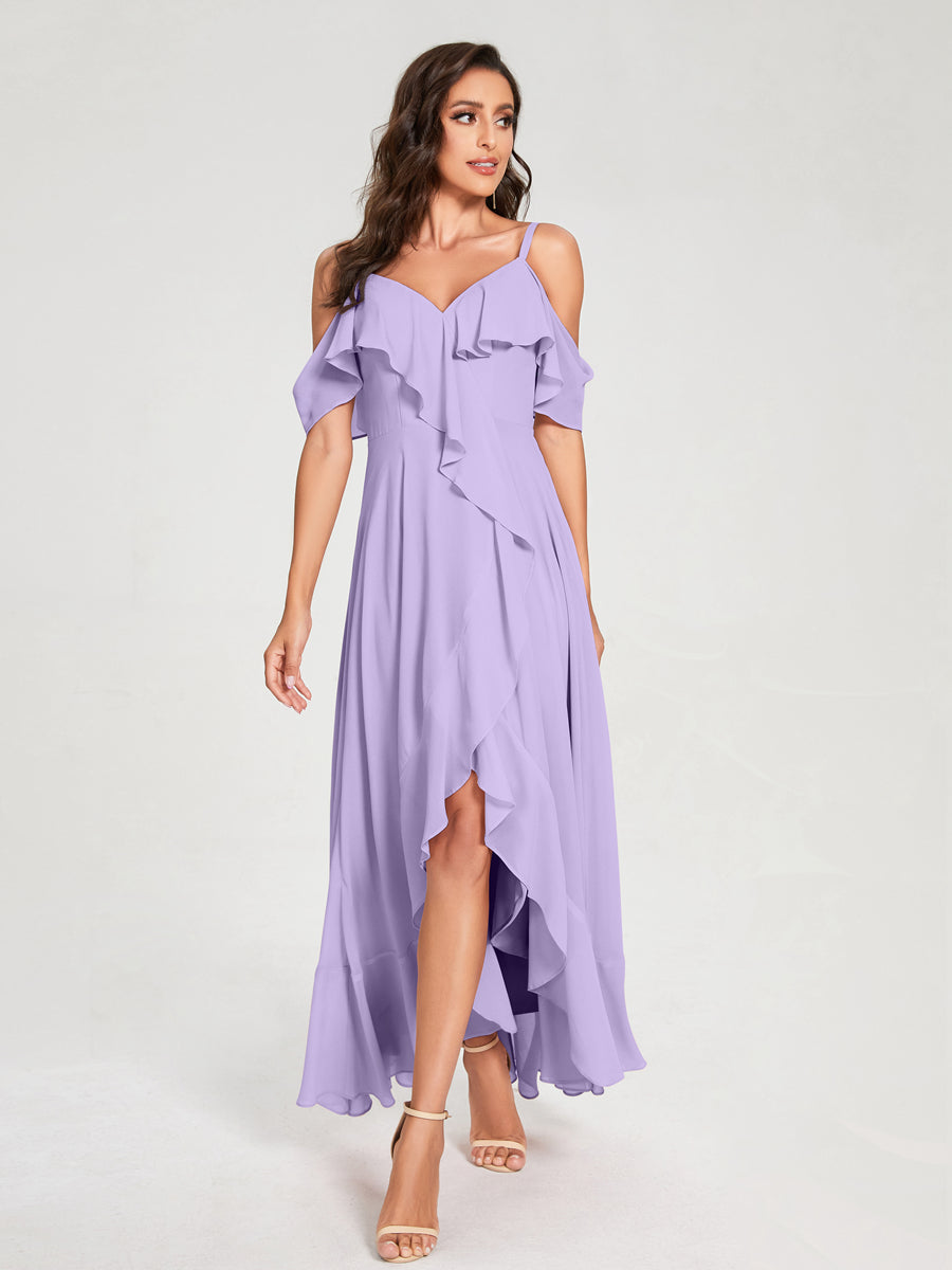 A-Line/Princess Chiffon Spaghetti Straps V-Neck Short Sleeves With Ruffles Asymmetrical Bridesmaid Dresses Lilac