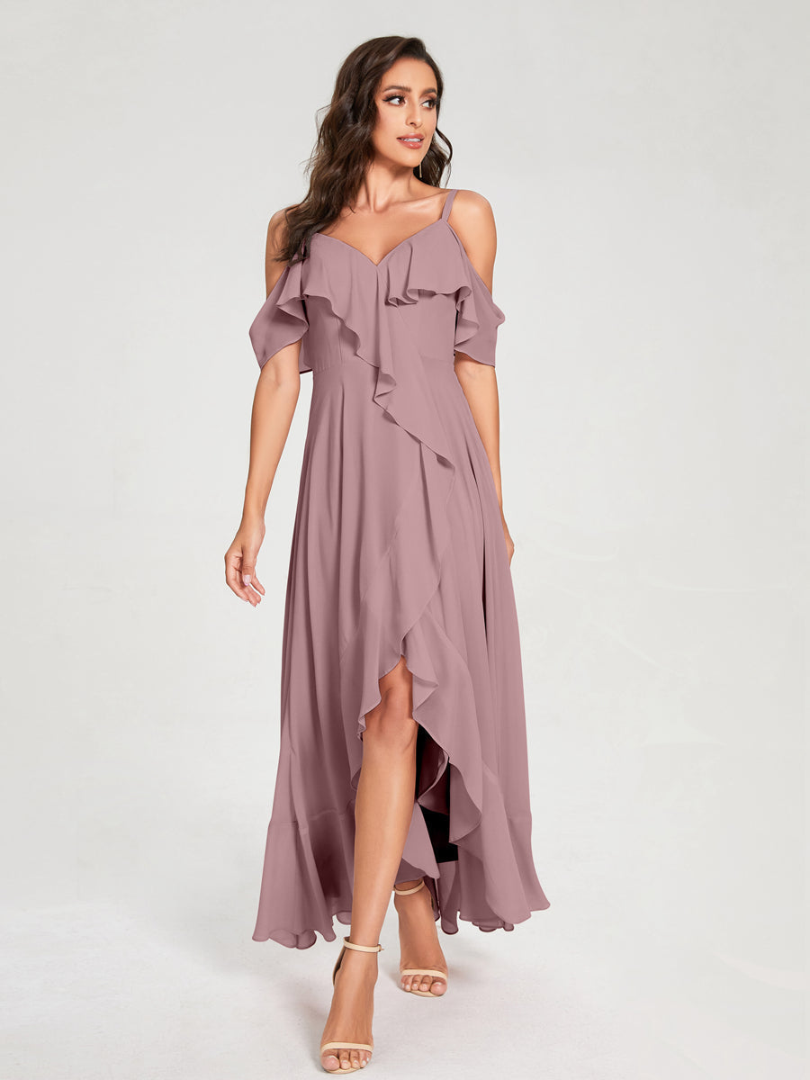 A-Line/Princess Chiffon Spaghetti Straps V-Neck Short Sleeves With Ruffles Asymmetrical Bridesmaid Dresses Mauve