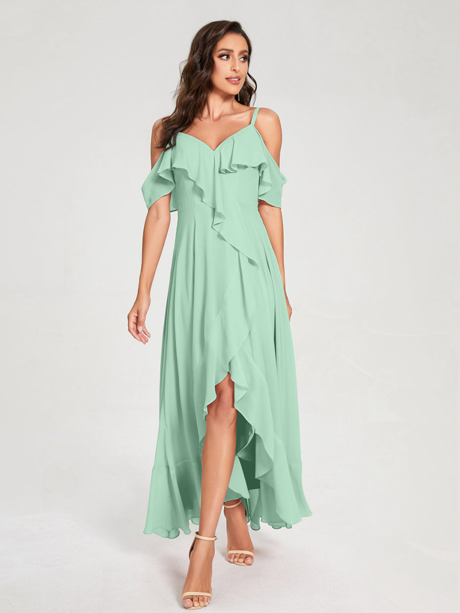 A-Line/Princess Chiffon Spaghetti Straps V-Neck Short Sleeves With Ruffles Asymmetrical Bridesmaid Dresses Mint Green