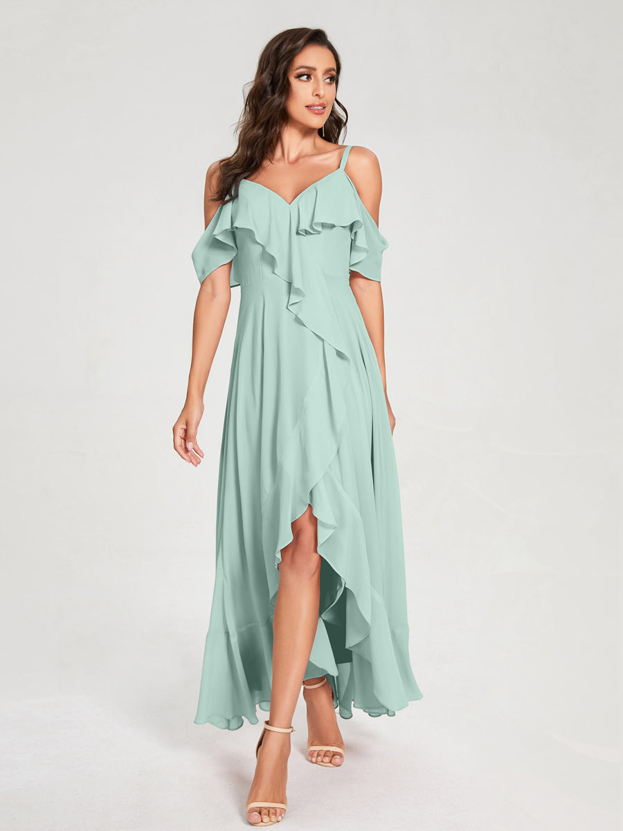 A-Line/Princess Chiffon Spaghetti Straps V-Neck Short Sleeves With Ruffles Asymmetrical Bridesmaid Dresses Mist Blue