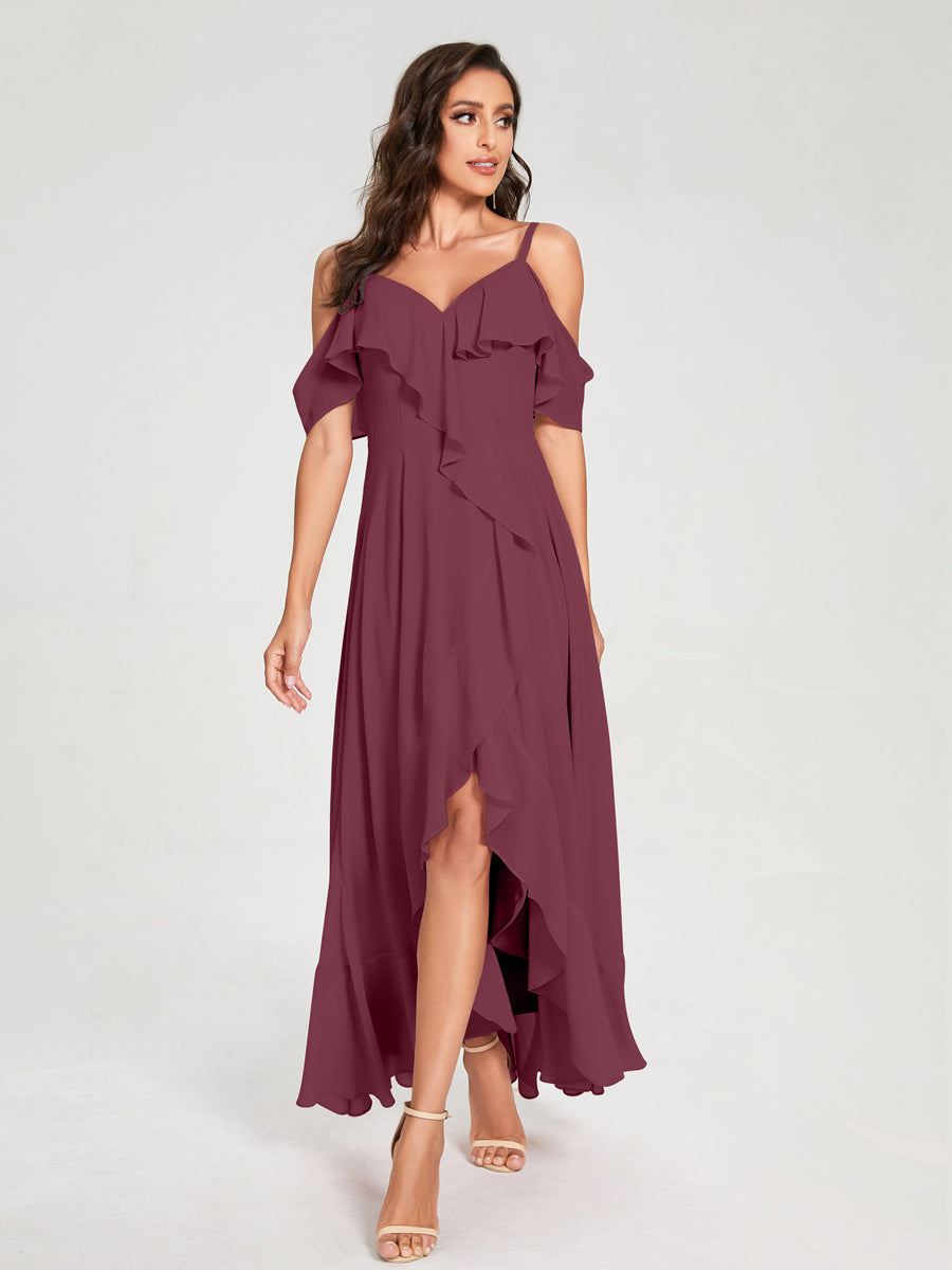 A-Line/Princess Chiffon Spaghetti Straps V-Neck Short Sleeves With Ruffles Asymmetrical Bridesmaid Dresses Mulberry
