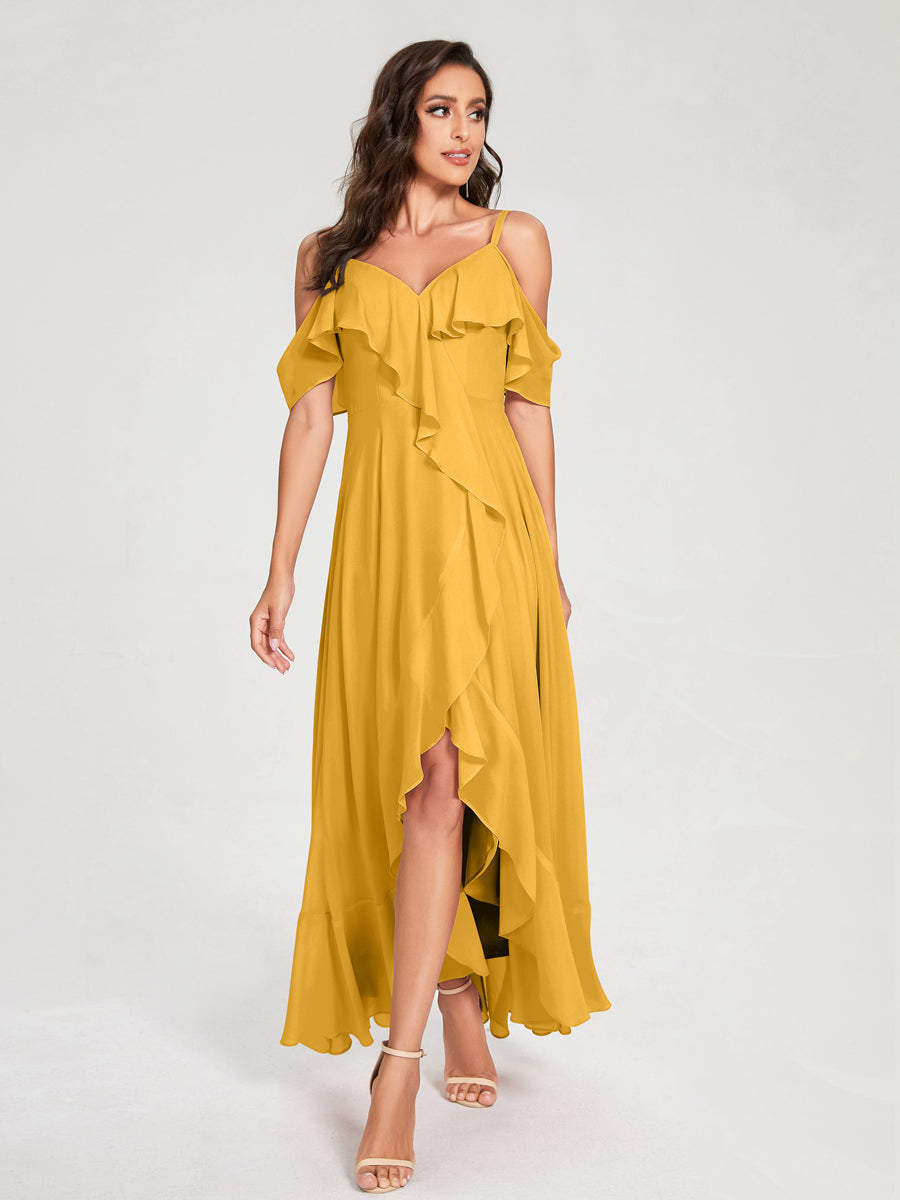 A-Line/Princess Chiffon Spaghetti Straps V-Neck Short Sleeves With Ruffles Asymmetrical Bridesmaid Dresses Mustard Yellow
