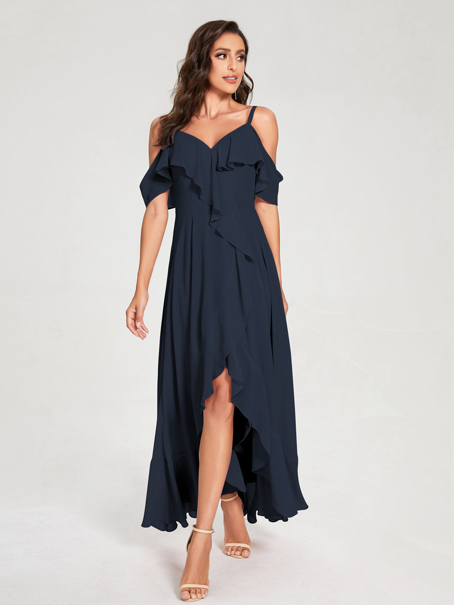 A-Line/Princess Chiffon Spaghetti Straps V-Neck Short Sleeves With Ruffles Asymmetrical Bridesmaid Dresses Navy Blue