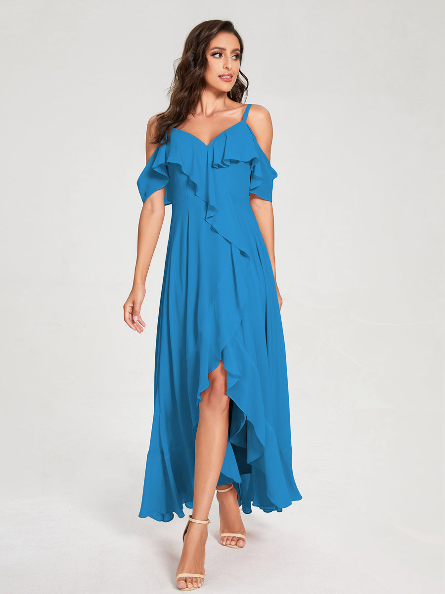 A-Line/Princess Chiffon Spaghetti Straps V-Neck Short Sleeves With Ruffles Asymmetrical Bridesmaid Dresses Ocean Blue