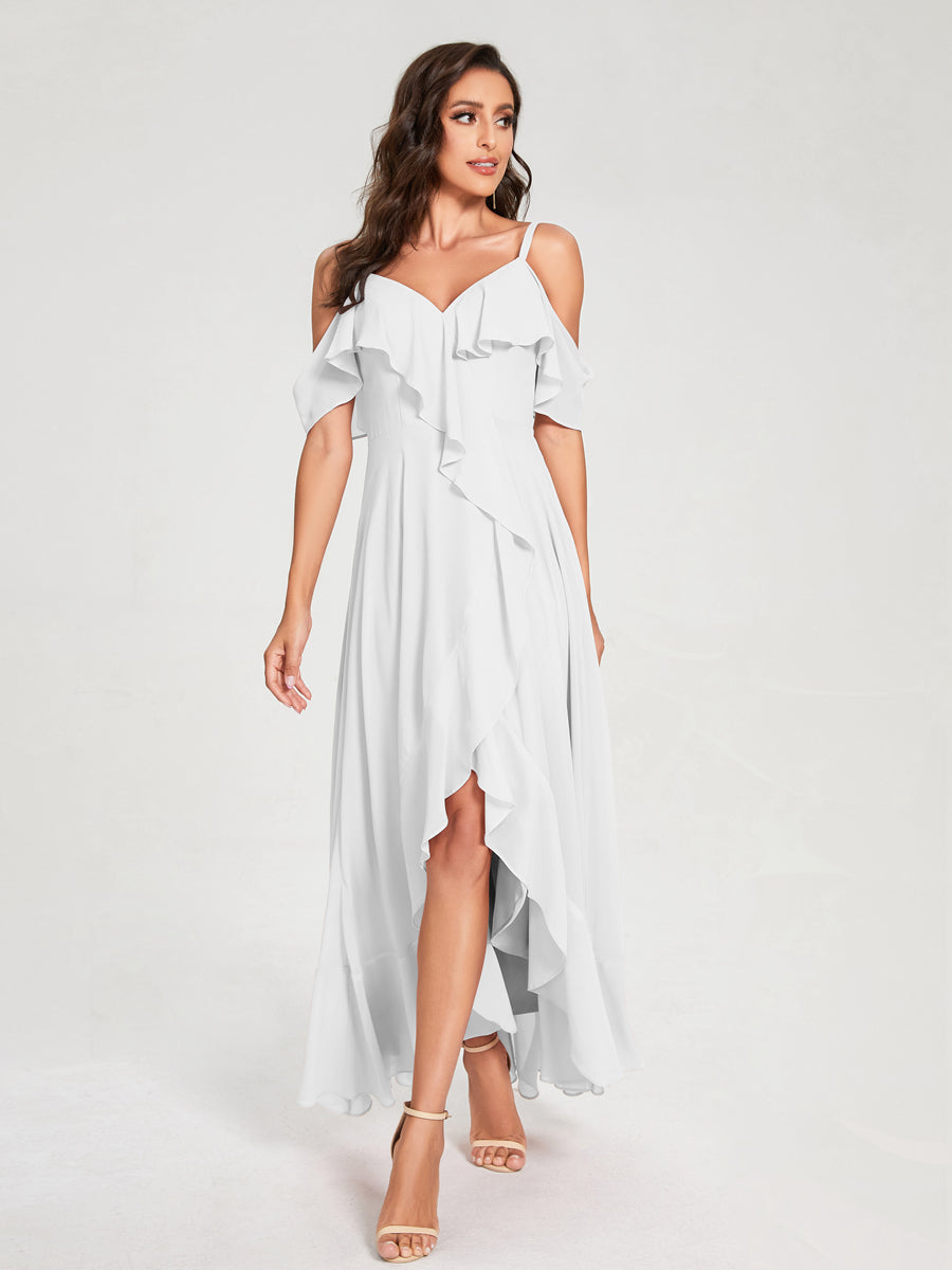 A-Line/Princess Chiffon Spaghetti Straps V-Neck Short Sleeves With Ruffles Asymmetrical Bridesmaid Dresses Off White