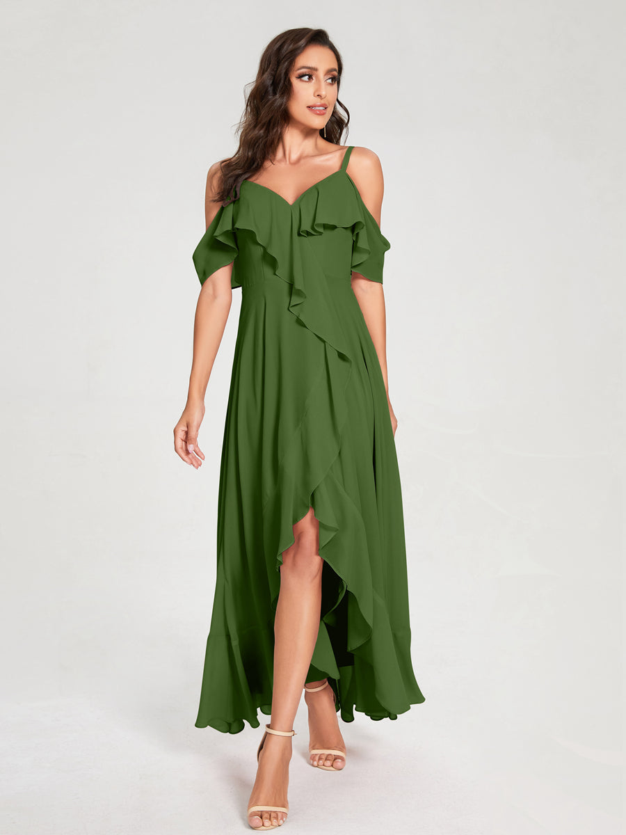 A-Line/Princess Chiffon Spaghetti Straps V-Neck Short Sleeves With Ruffles Asymmetrical Bridesmaid Dresses Olive Green