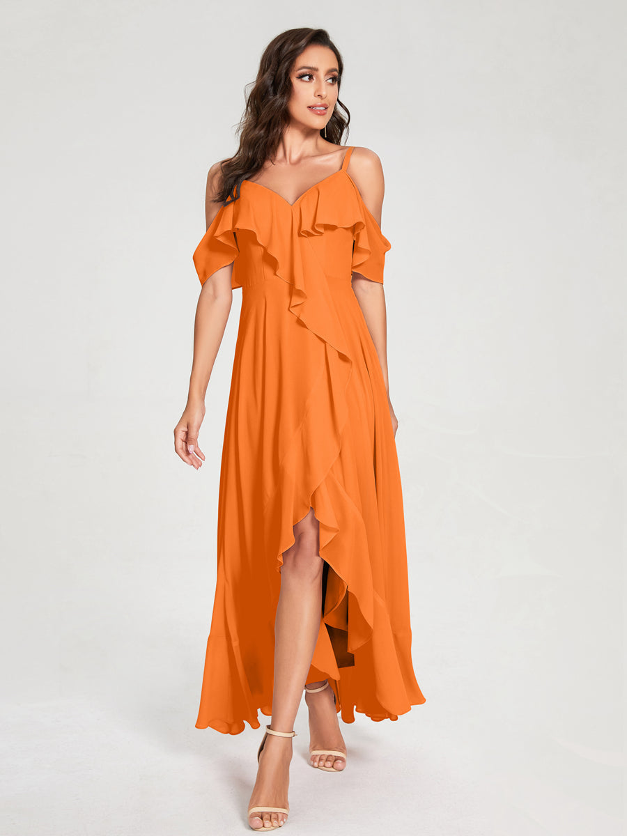 A-Line/Princess Chiffon Spaghetti Straps V-Neck Short Sleeves With Ruffles Asymmetrical Bridesmaid Dresses Custom Color