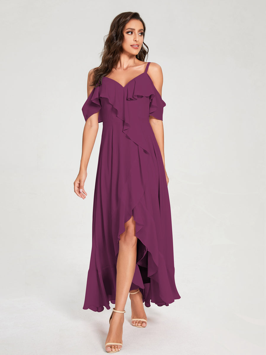 A-Line/Princess Chiffon Spaghetti Straps V-Neck Short Sleeves With Ruffles Asymmetrical Bridesmaid Dresses Orchid