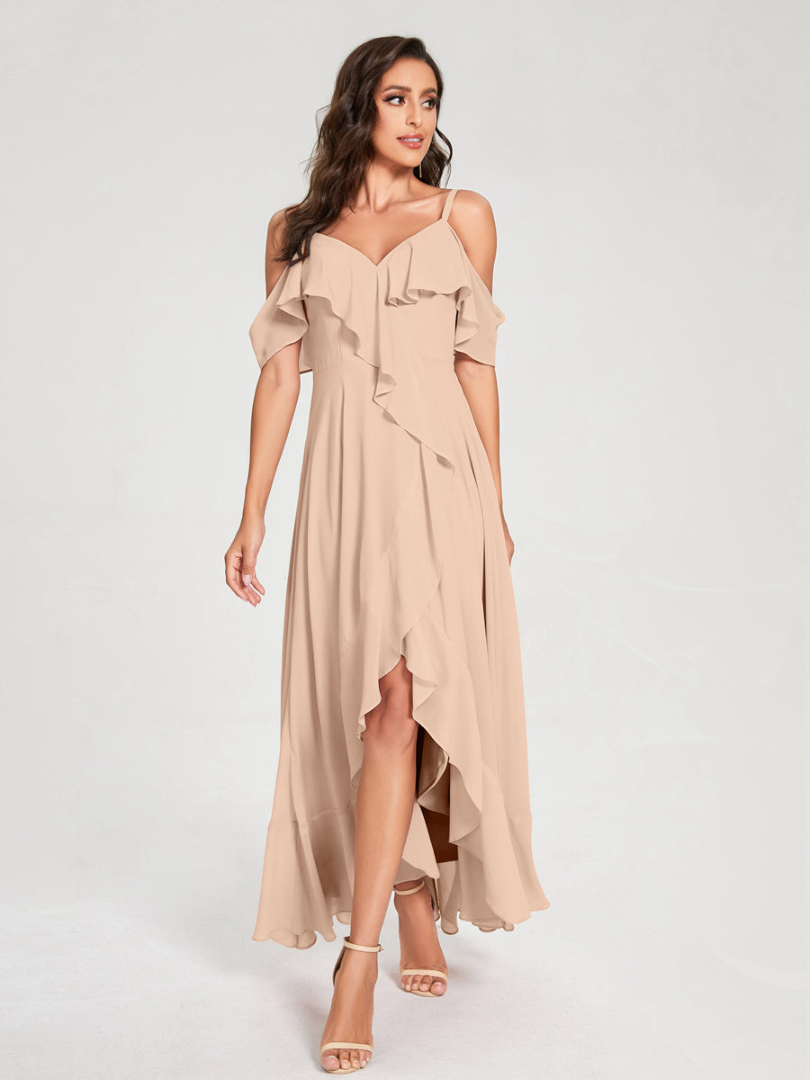 A-Line/Princess Chiffon Spaghetti Straps V-Neck Short Sleeves With Ruffles Asymmetrical Bridesmaid Dresses Peach Pink