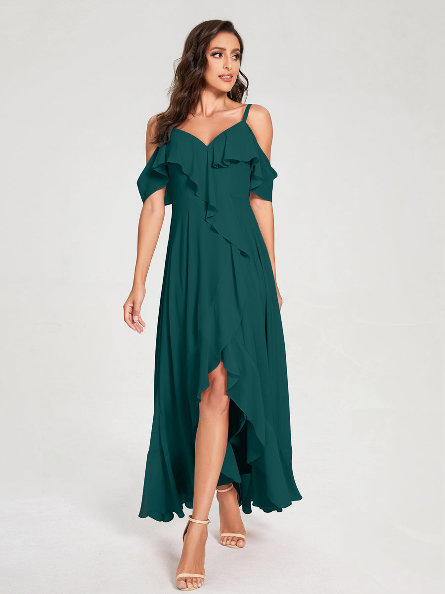 A-Line/Princess Chiffon Spaghetti Straps V-Neck Short Sleeves With Ruffles Asymmetrical Bridesmaid Dresses Peacock