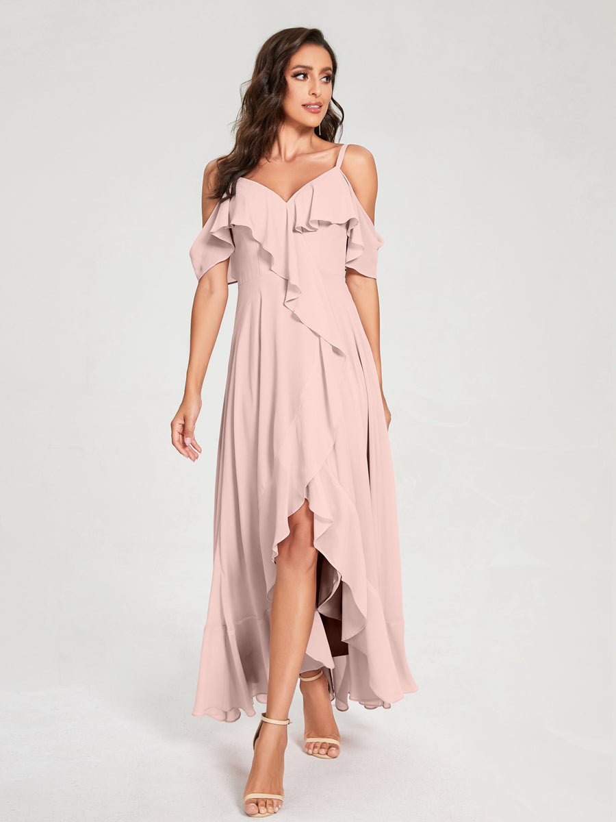 A-Line/Princess Chiffon Spaghetti Straps V-Neck Short Sleeves With Ruffles Asymmetrical Bridesmaid Dresses Pearl Pink