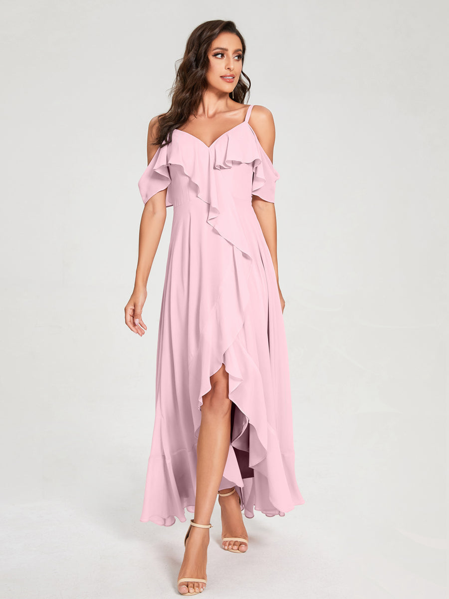 A-Line/Princess Chiffon Spaghetti Straps V-Neck Short Sleeves With Ruffles Asymmetrical Bridesmaid Dresses Pink