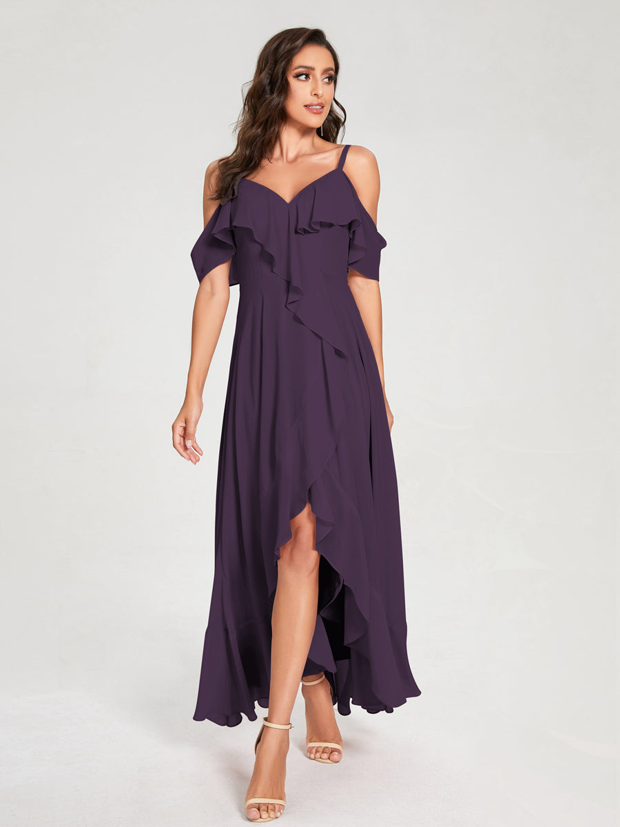 A-Line/Princess Chiffon Spaghetti Straps V-Neck Short Sleeves With Ruffles Asymmetrical Bridesmaid Dresses Plum
