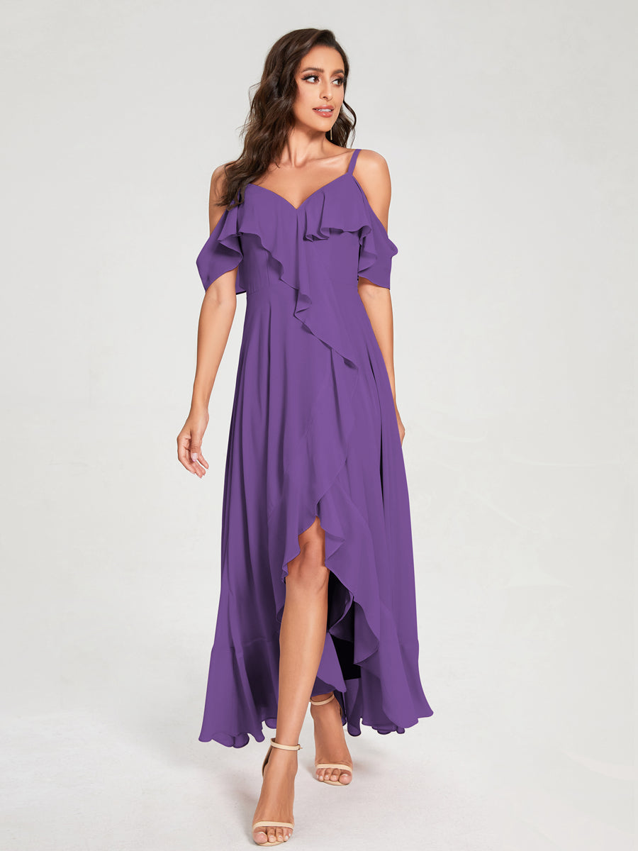 A-Line/Princess Chiffon Spaghetti Straps V-Neck Short Sleeves With Ruffles Asymmetrical Bridesmaid Dresses Purple