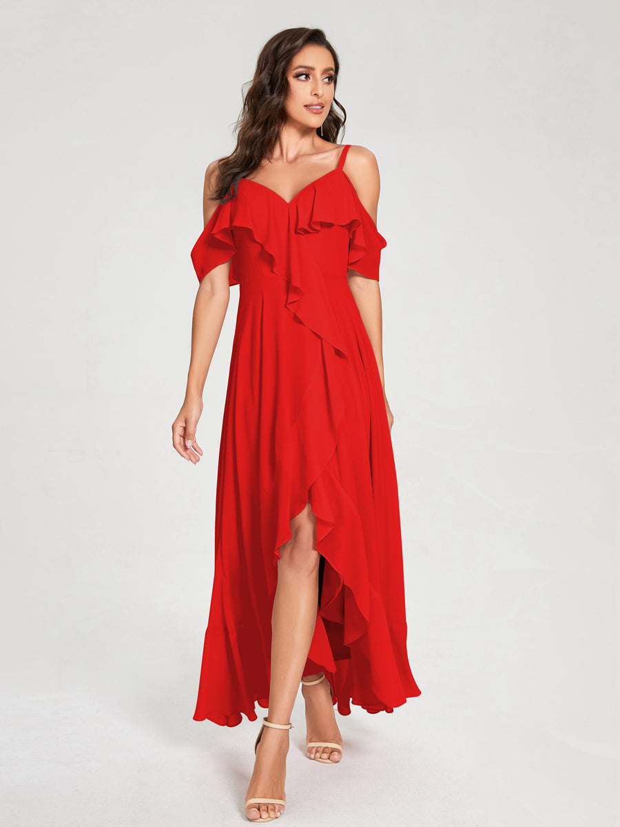 A-Line/Princess Chiffon Spaghetti Straps V-Neck Short Sleeves With Ruffles Asymmetrical Bridesmaid Dresses Red