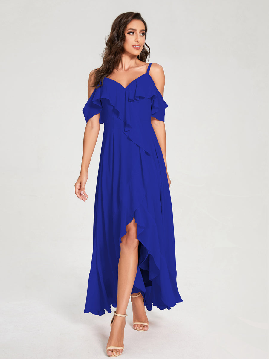 A-Line/Princess Chiffon Spaghetti Straps V-Neck Short Sleeves With Ruffles Asymmetrical Bridesmaid Dresses Royal Blue