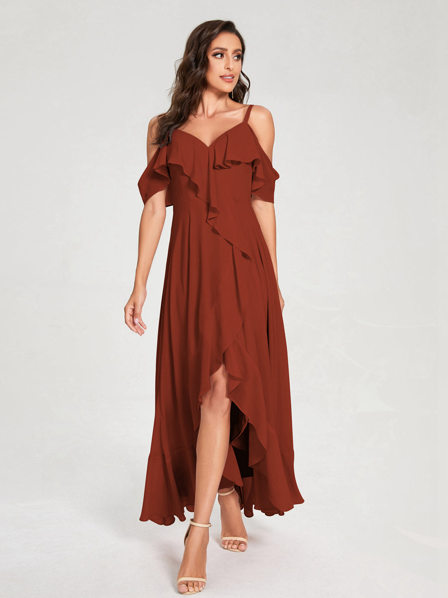 A-Line/Princess Chiffon Spaghetti Straps V-Neck Short Sleeves With Ruffles Asymmetrical Bridesmaid Dresses Rust