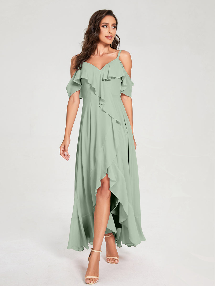 A-Line/Princess Chiffon Spaghetti Straps V-Neck Short Sleeves With Ruffles Asymmetrical Bridesmaid Dresses Sage