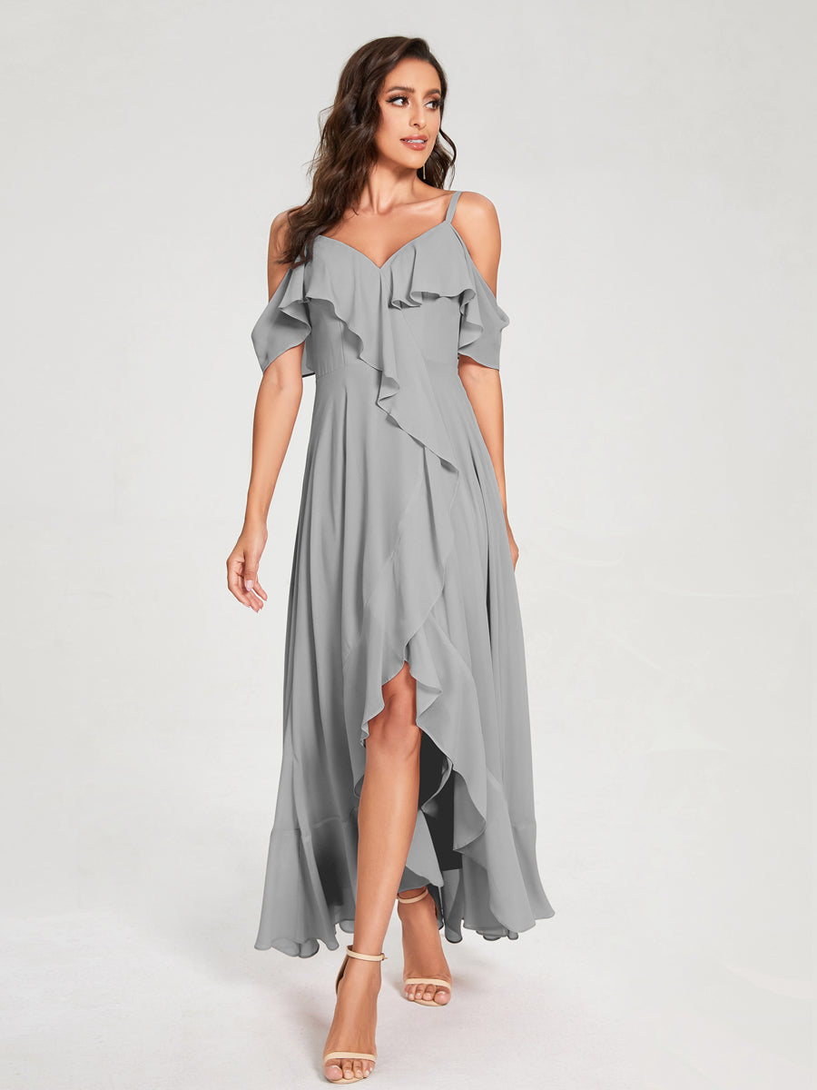 A-Line/Princess Chiffon Spaghetti Straps V-Neck Short Sleeves With Ruffles Asymmetrical Bridesmaid Dresses Silver