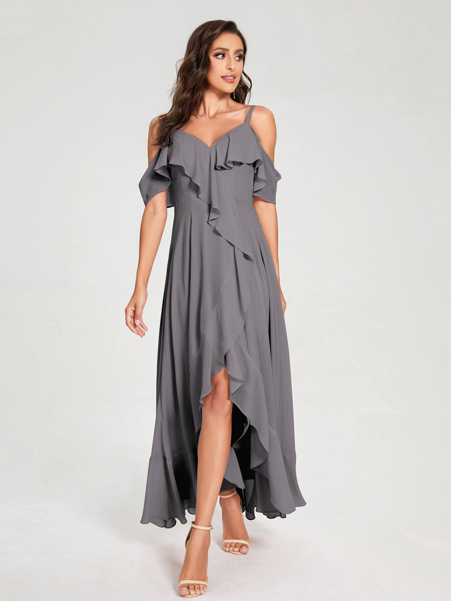 A-Line/Princess Chiffon Spaghetti Straps V-Neck Short Sleeves With Ruffles Asymmetrical Bridesmaid Dresses Silver Gray