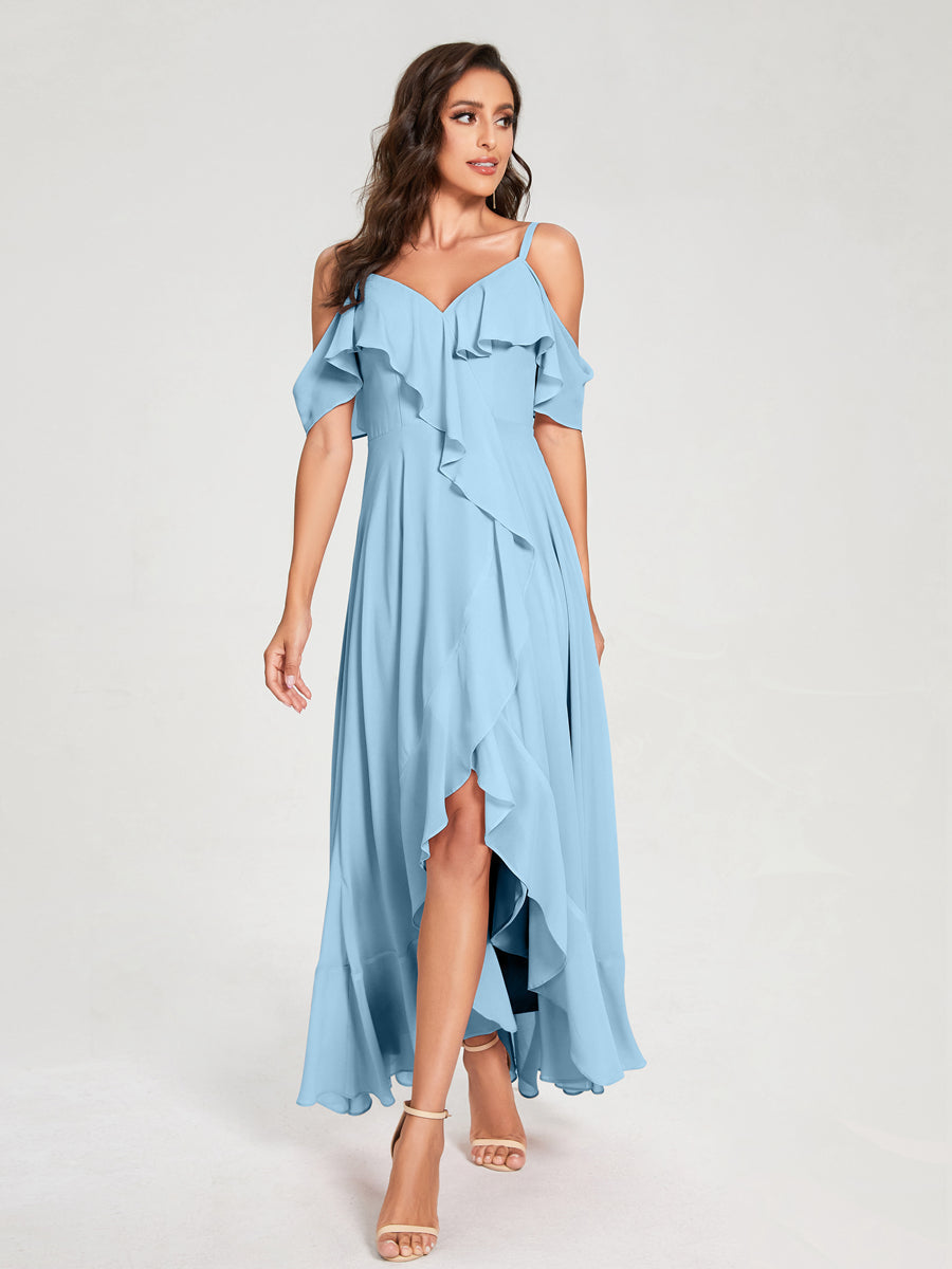 A-Line/Princess Chiffon Spaghetti Straps V-Neck Short Sleeves With Ruffles Asymmetrical Bridesmaid Dresses Sky Blue