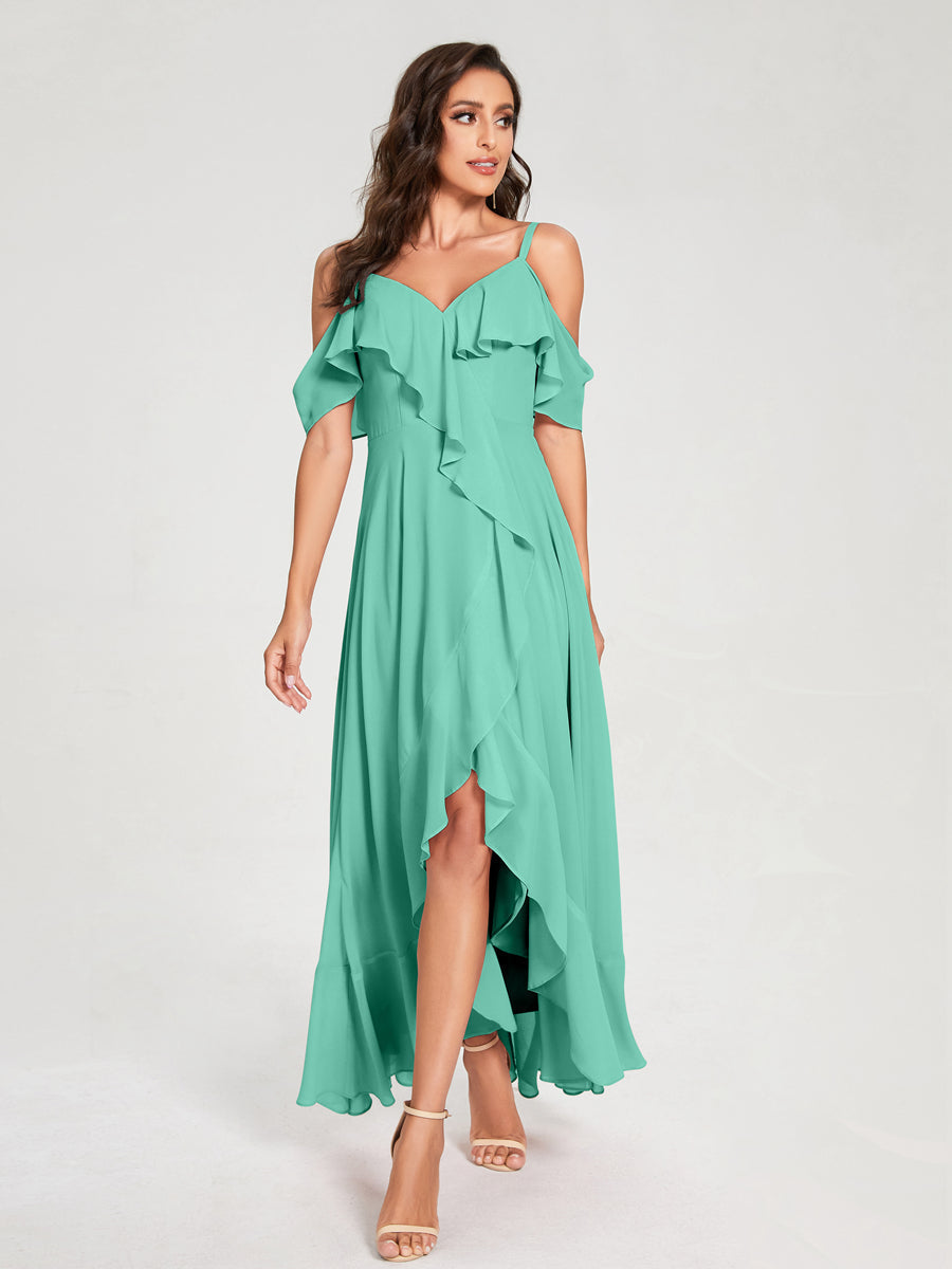 A-Line/Princess Chiffon Spaghetti Straps V-Neck Short Sleeves With Ruffles Asymmetrical Bridesmaid Dresses Spa
