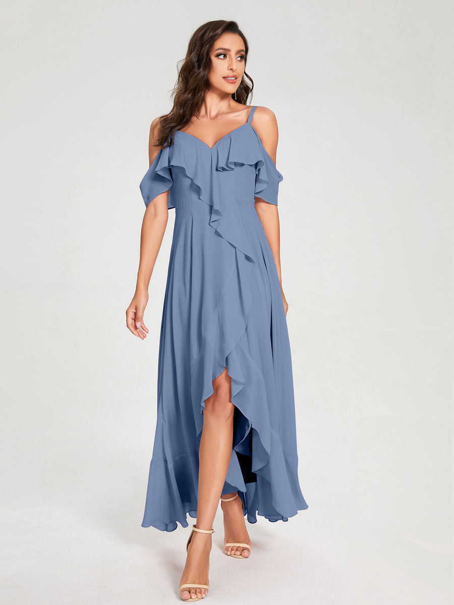A-Line/Princess Chiffon Spaghetti Straps V-Neck Short Sleeves With Ruffles Asymmetrical Bridesmaid Dresses Steel Blue