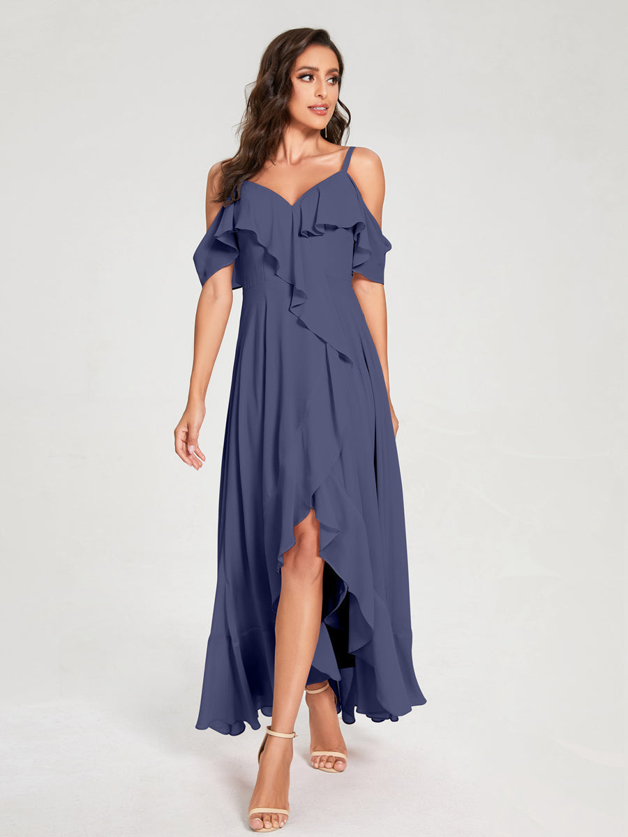 A-Line/Princess Chiffon Spaghetti Straps V-Neck Short Sleeves With Ruffles Asymmetrical Bridesmaid Dresses Stormy Blue