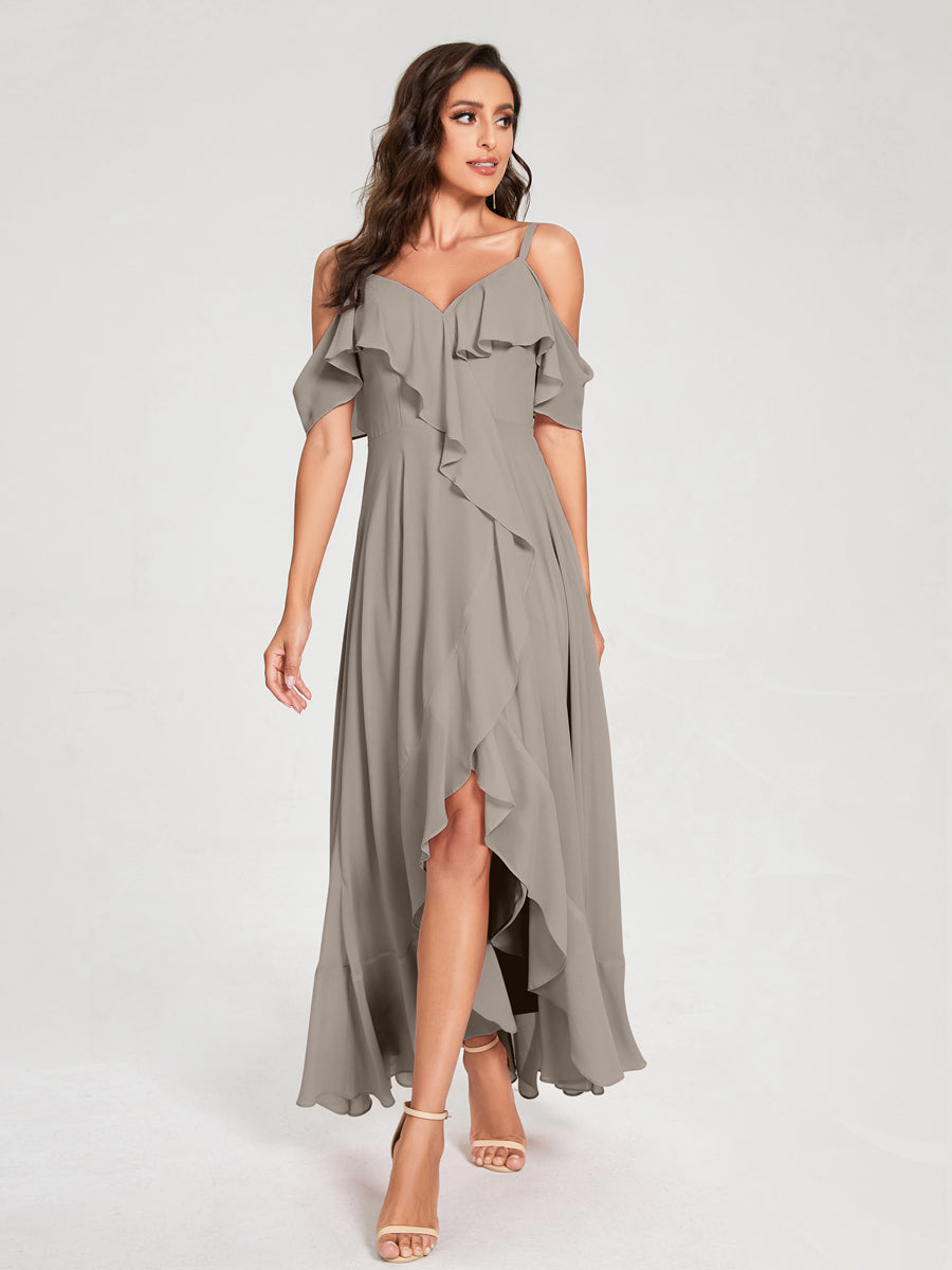 A-Line/Princess Chiffon Spaghetti Straps V-Neck Short Sleeves With Ruffles Asymmetrical Bridesmaid Dresses Taupe