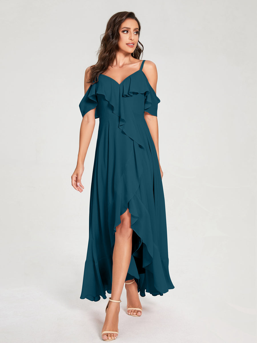 A-Line/Princess Chiffon Spaghetti Straps V-Neck Short Sleeves With Ruffles Asymmetrical Bridesmaid Dresses Teal