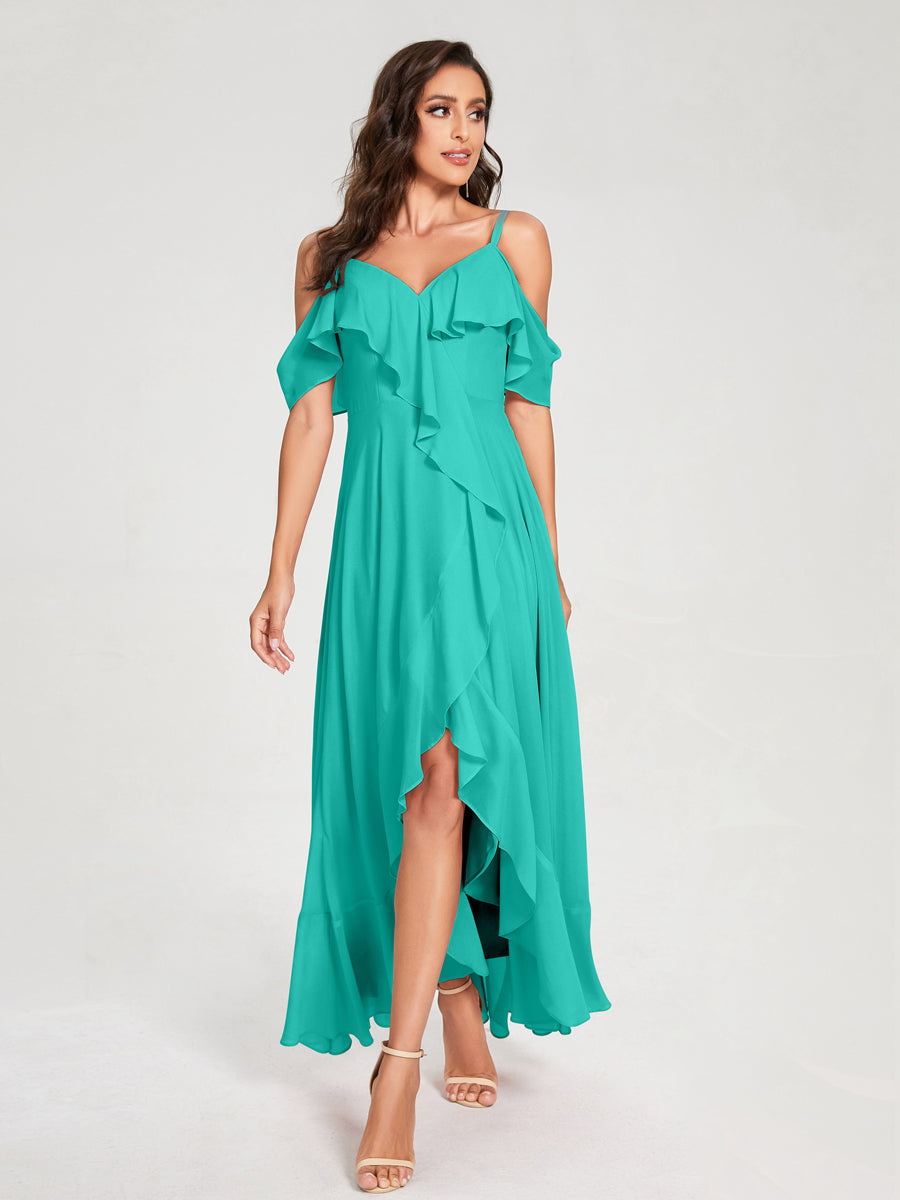 A-Line/Princess Chiffon Spaghetti Straps V-Neck Short Sleeves With Ruffles Asymmetrical Bridesmaid Dresses Turquoise