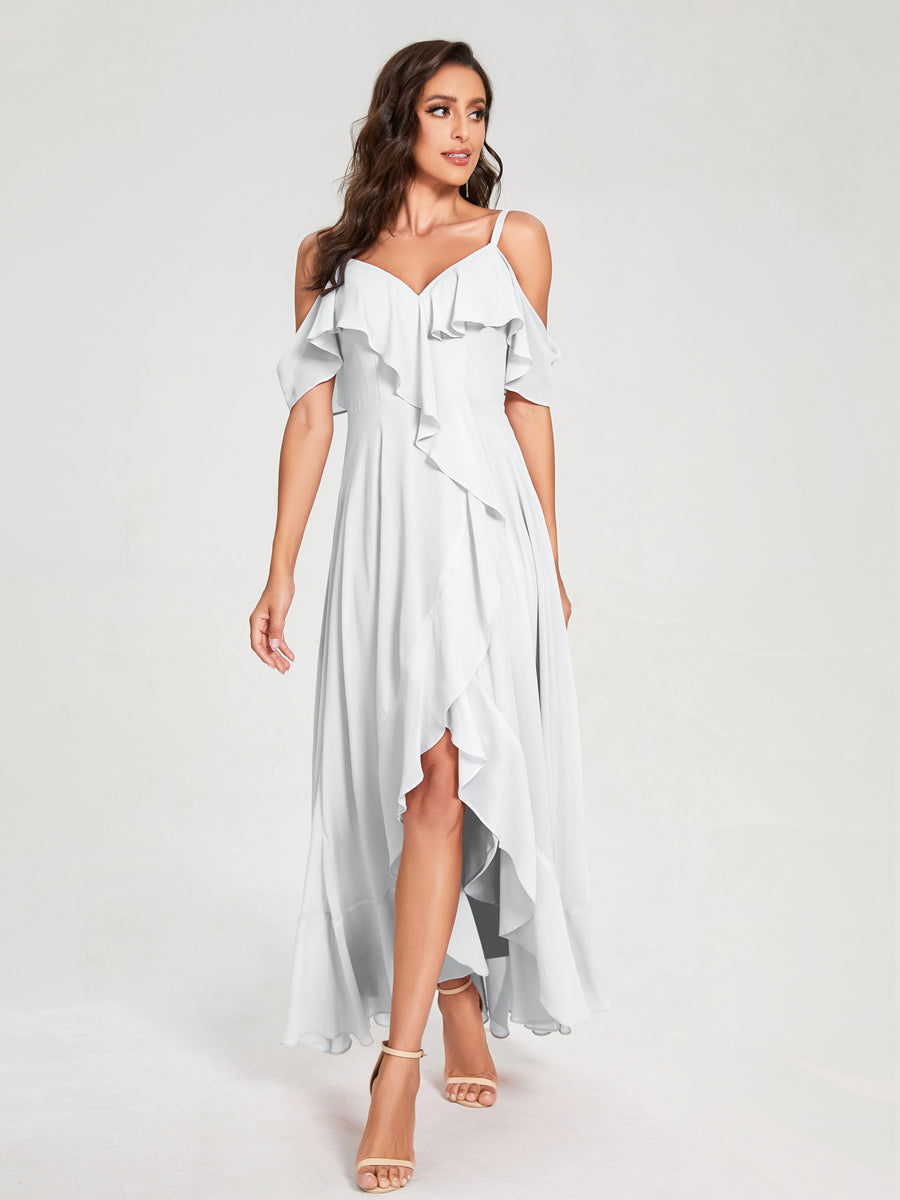A-Line/Princess Chiffon Spaghetti Straps V-Neck Short Sleeves With Ruffles Asymmetrical Bridesmaid Dresses White