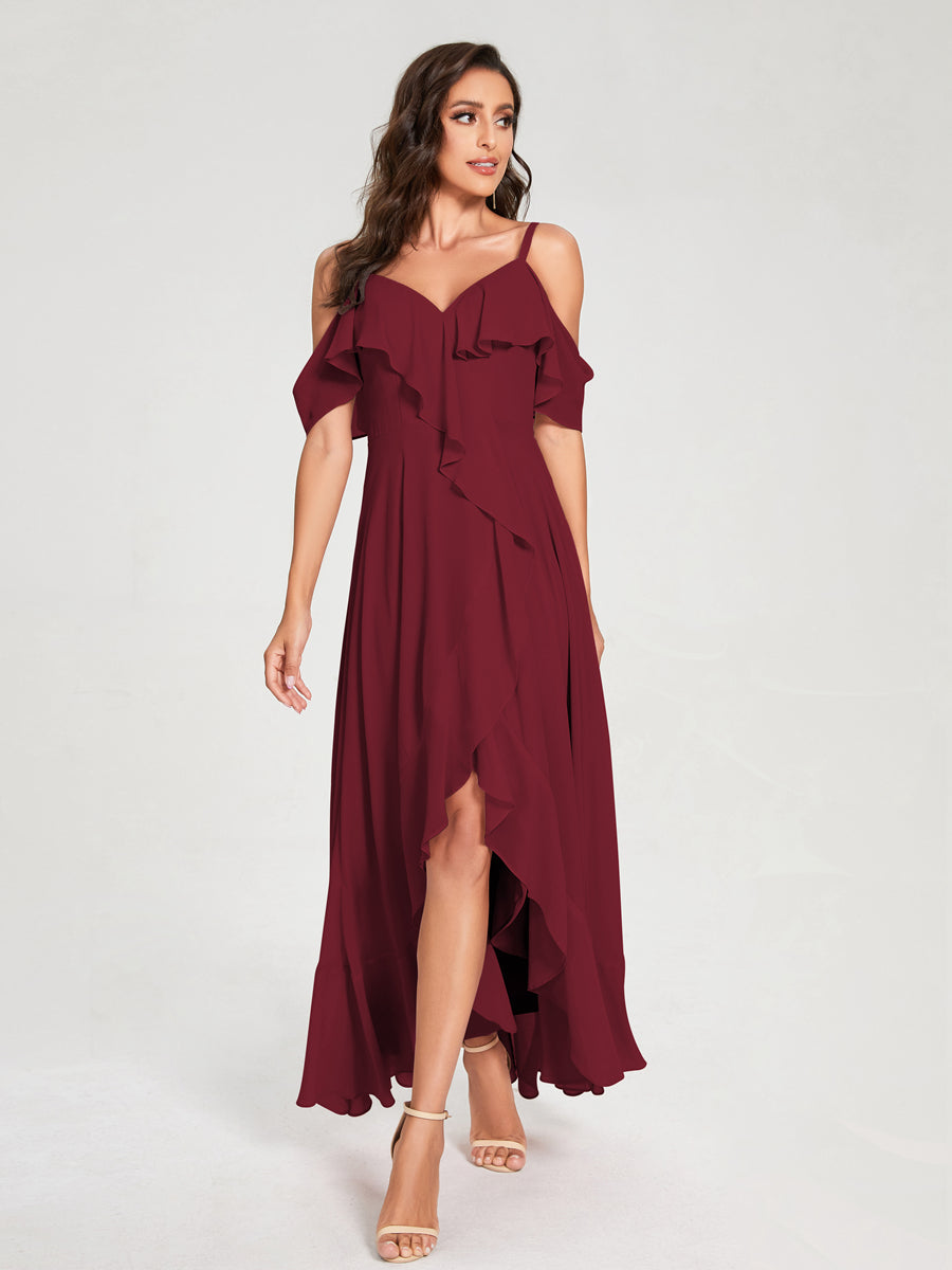A-Line/Princess Chiffon Spaghetti Straps V-Neck Short Sleeves With Ruffles Asymmetrical Bridesmaid Dresses Wine Red