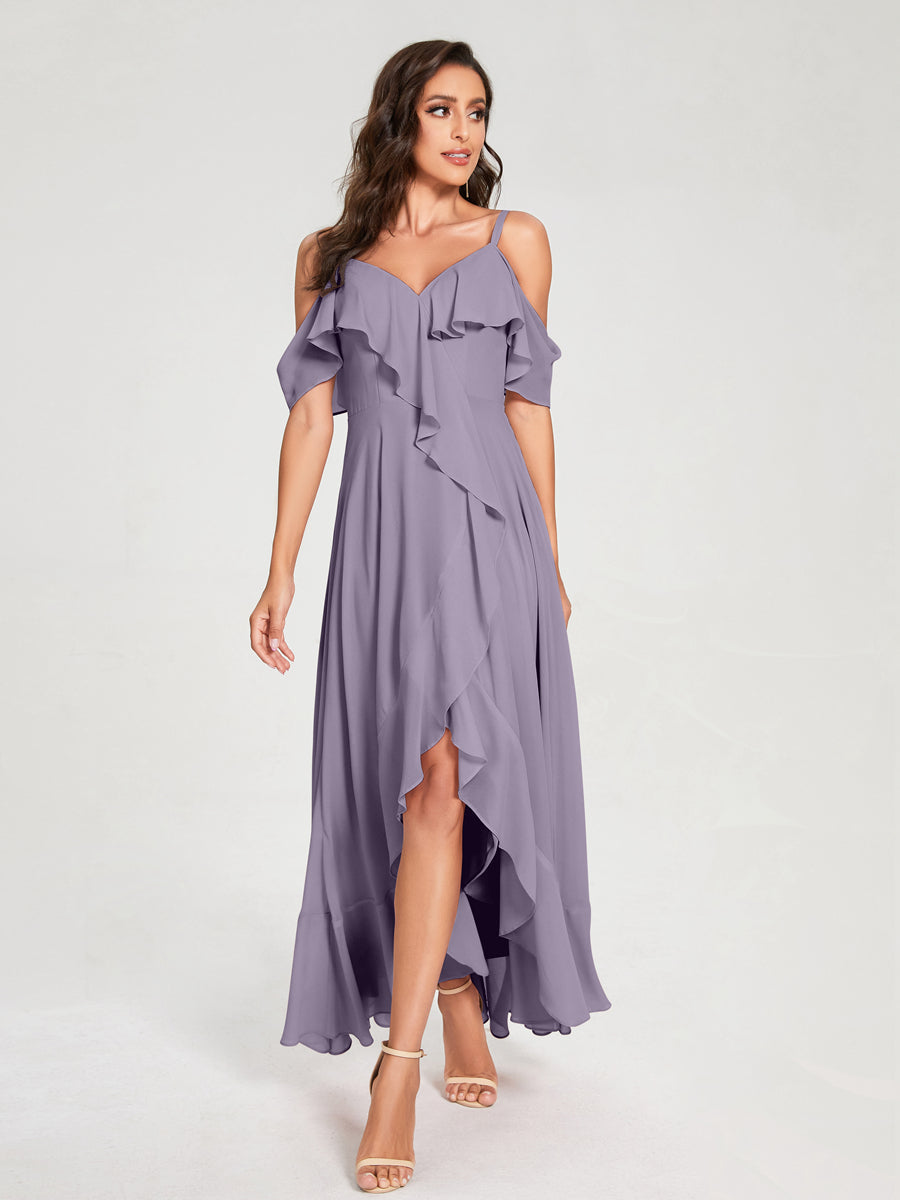 A-Line/Princess Chiffon Spaghetti Straps V-Neck Short Sleeves With Ruffles Asymmetrical Bridesmaid Dresses Wisteria