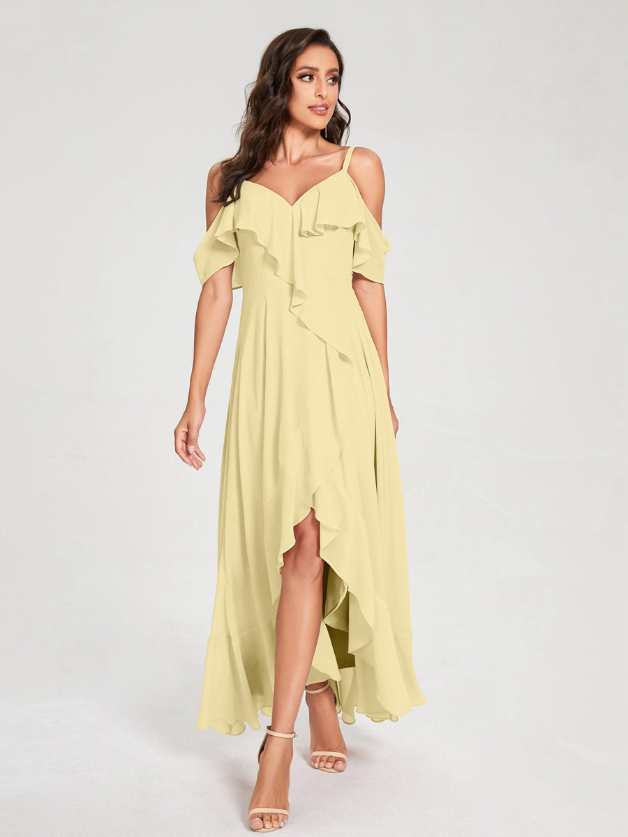 A-Line/Princess Chiffon Spaghetti Straps V-Neck Short Sleeves With Ruffles Asymmetrical Bridesmaid Dresses Yellow
