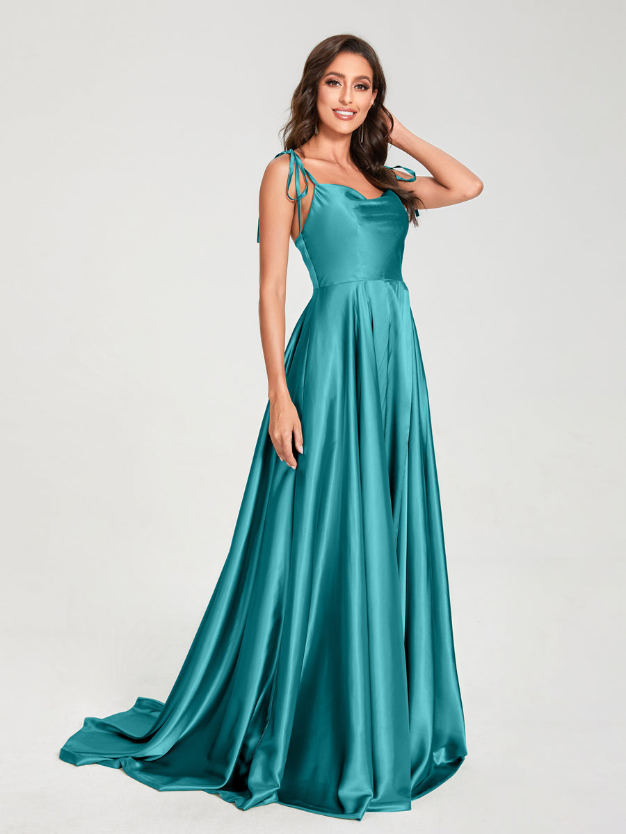 A-Line Spaghetti Straps Sleeveless Long Silk Like Satin Bridesmaid Dresses Aqua Blue