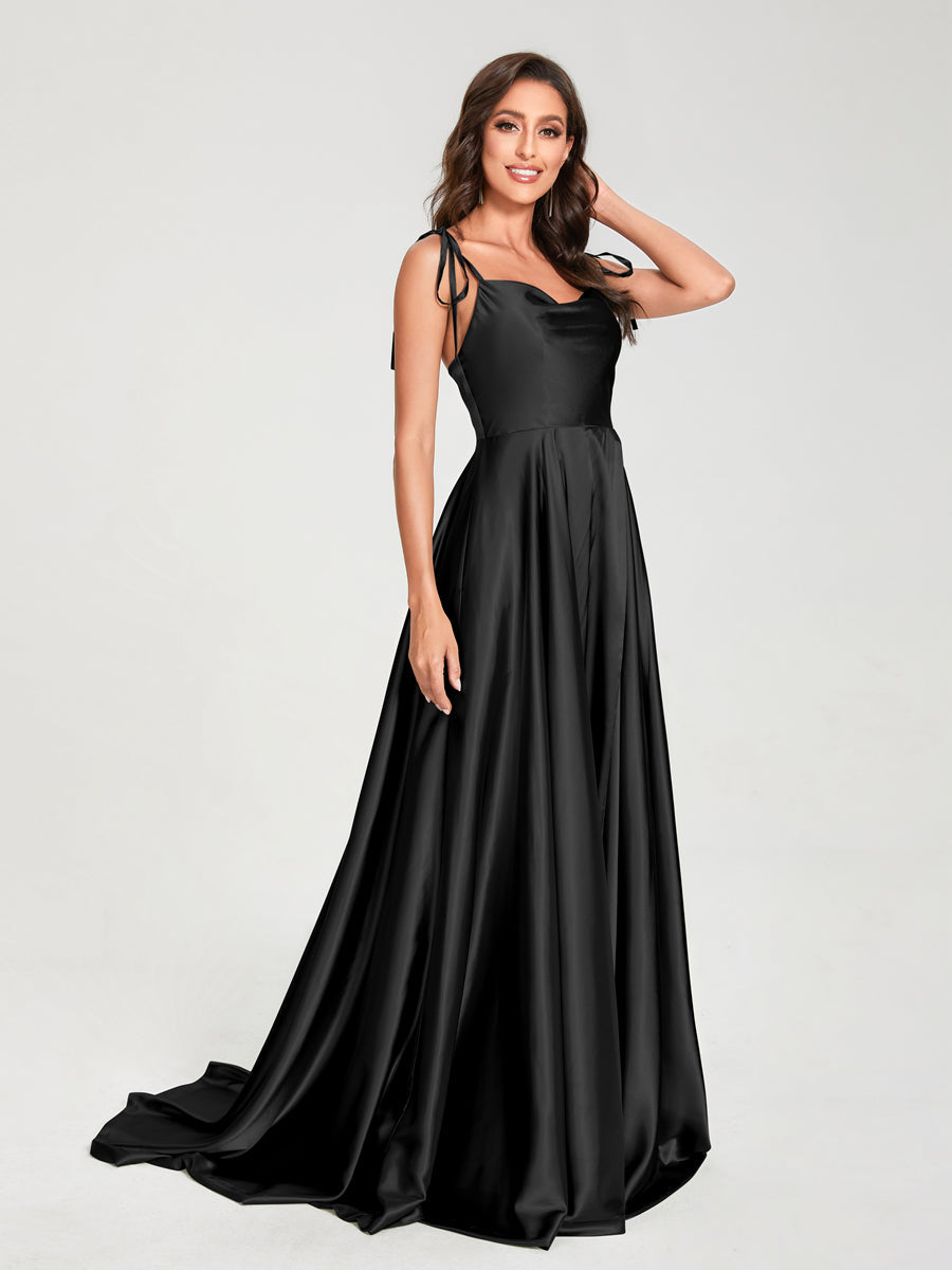 A-Line Spaghetti Straps Sleeveless Long Silk Like Satin Bridesmaid Dresses Black