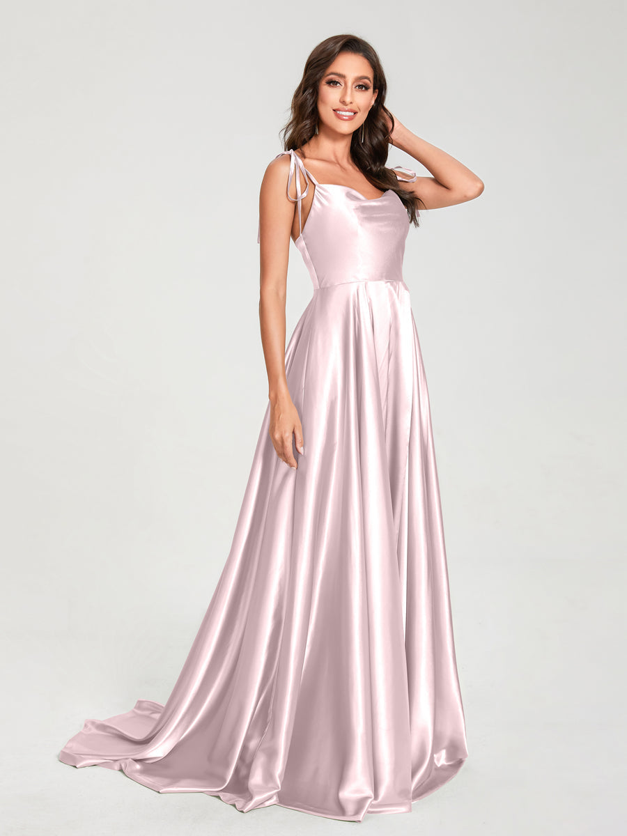 A-Line Spaghetti Straps Sleeveless Long Silk Like Satin Bridesmaid Dresses Blush Pink