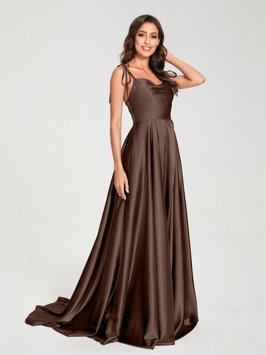 A-Line Spaghetti Straps Sleeveless Long Silk Like Satin Bridesmaid Dresses Brown