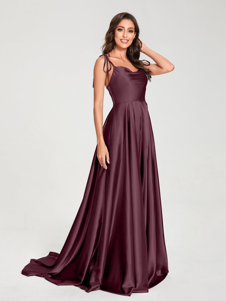 A-Line Spaghetti Straps Sleeveless Long Silk Like Satin Bridesmaid Dresses Burgundy