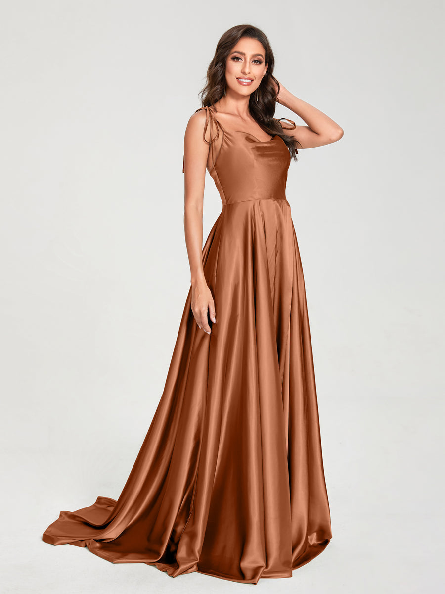 A-Line Spaghetti Straps Sleeveless Long Silk Like Satin Bridesmaid Dresses Burnt Orange
