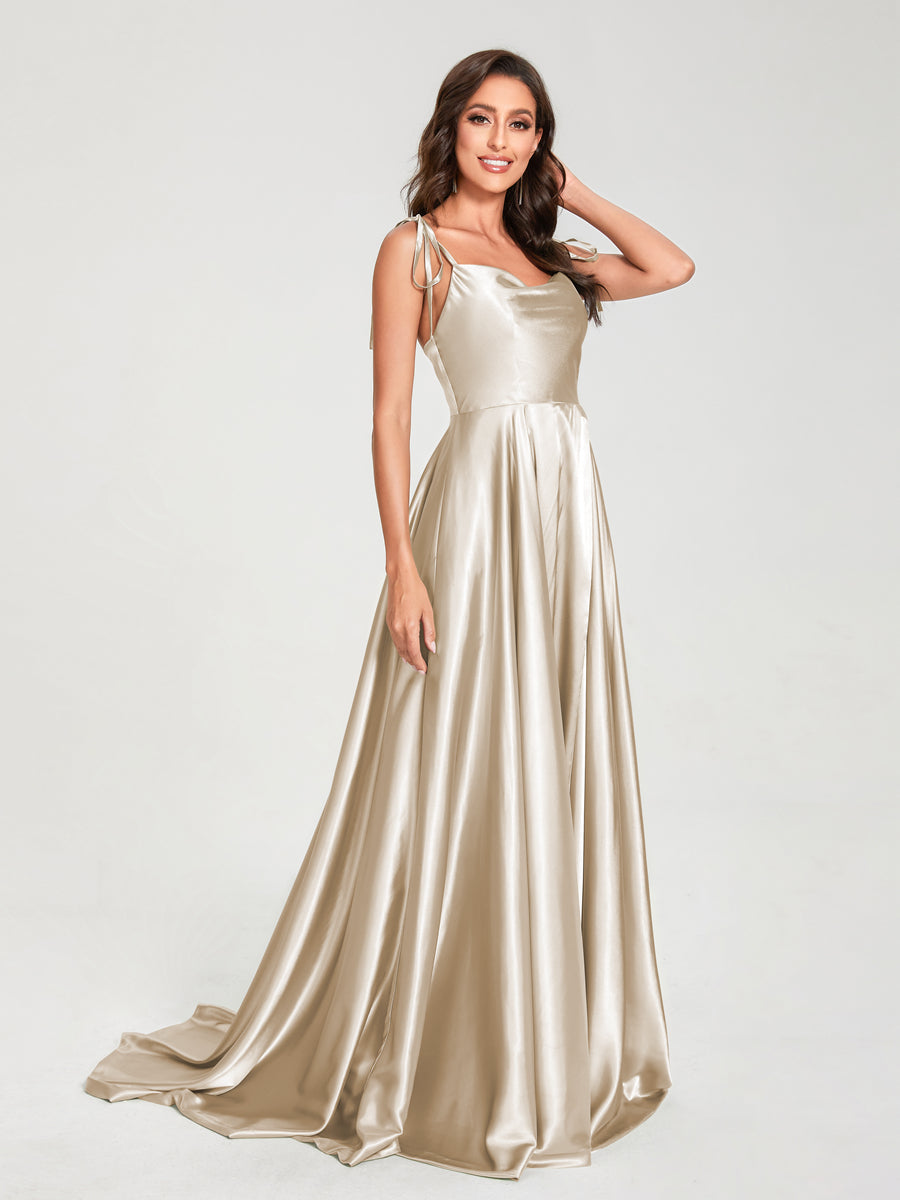 A-Line Spaghetti Straps Sleeveless Long Silk Like Satin Bridesmaid Dresses Champagne