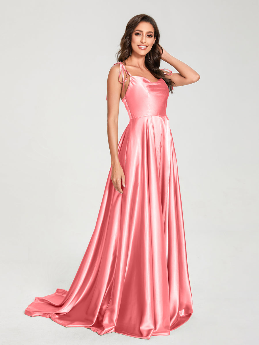 A-Line Spaghetti Straps Sleeveless Long Silk Like Satin Bridesmaid Dresses Coral