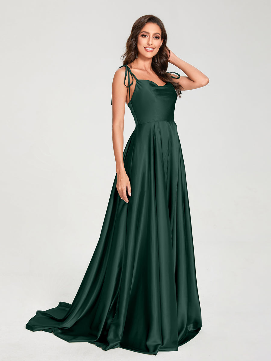 A-Line Spaghetti Straps Sleeveless Long Silk Like Satin Bridesmaid Dresses Dark Green