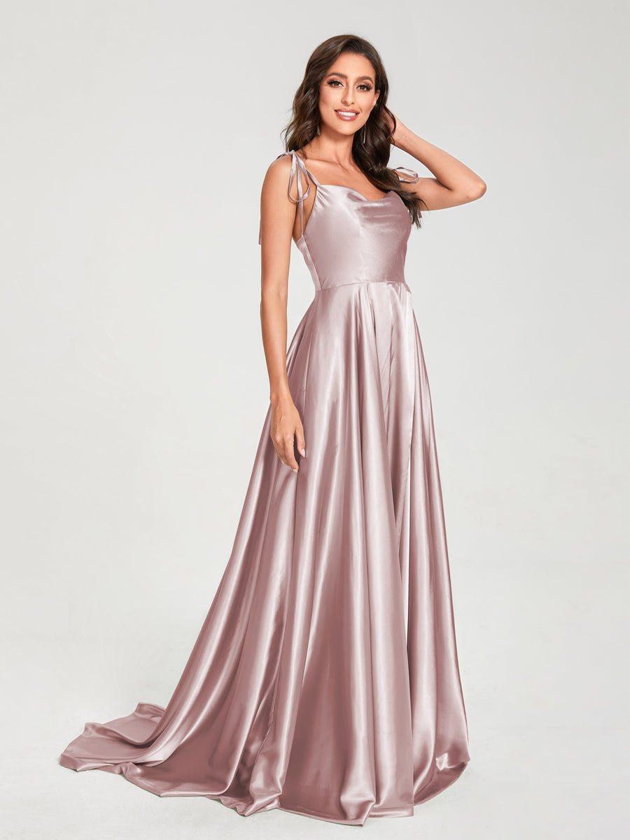 A-Line Spaghetti Straps Sleeveless Long Silk Like Satin Bridesmaid Dresses Dusty Pink