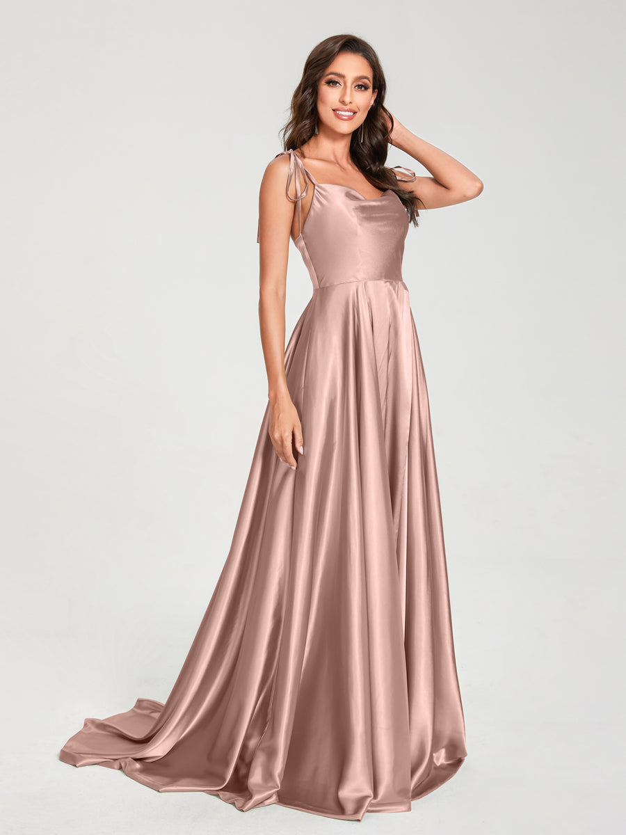 A-Line Spaghetti Straps Sleeveless Long Silk Like Satin Bridesmaid Dresses Dusty Rose