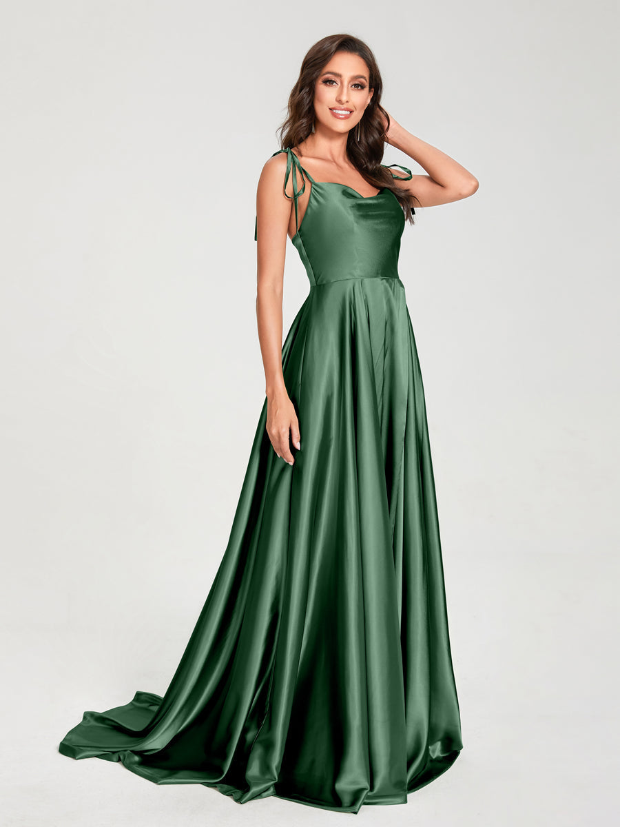 A-Line Spaghetti Straps Sleeveless Long Silk Like Satin Bridesmaid Dresses Emerald