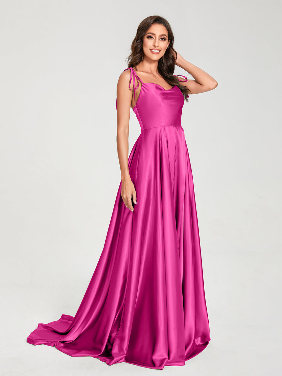 A-Line Spaghetti Straps Sleeveless Long Silk Like Satin Bridesmaid Dresses Fuchsia