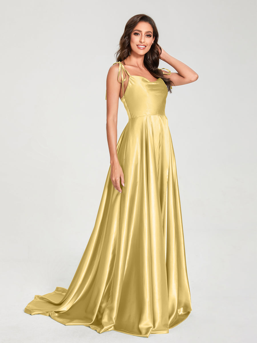 A-Line Spaghetti Straps Sleeveless Long Silk Like Satin Bridesmaid Dresses Gold